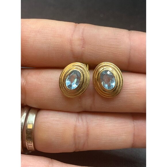Vintage Blue Topaz Earrings 14k Gold Triple Oval Shaped Studs Statement Earrings - Picture 4 of 7